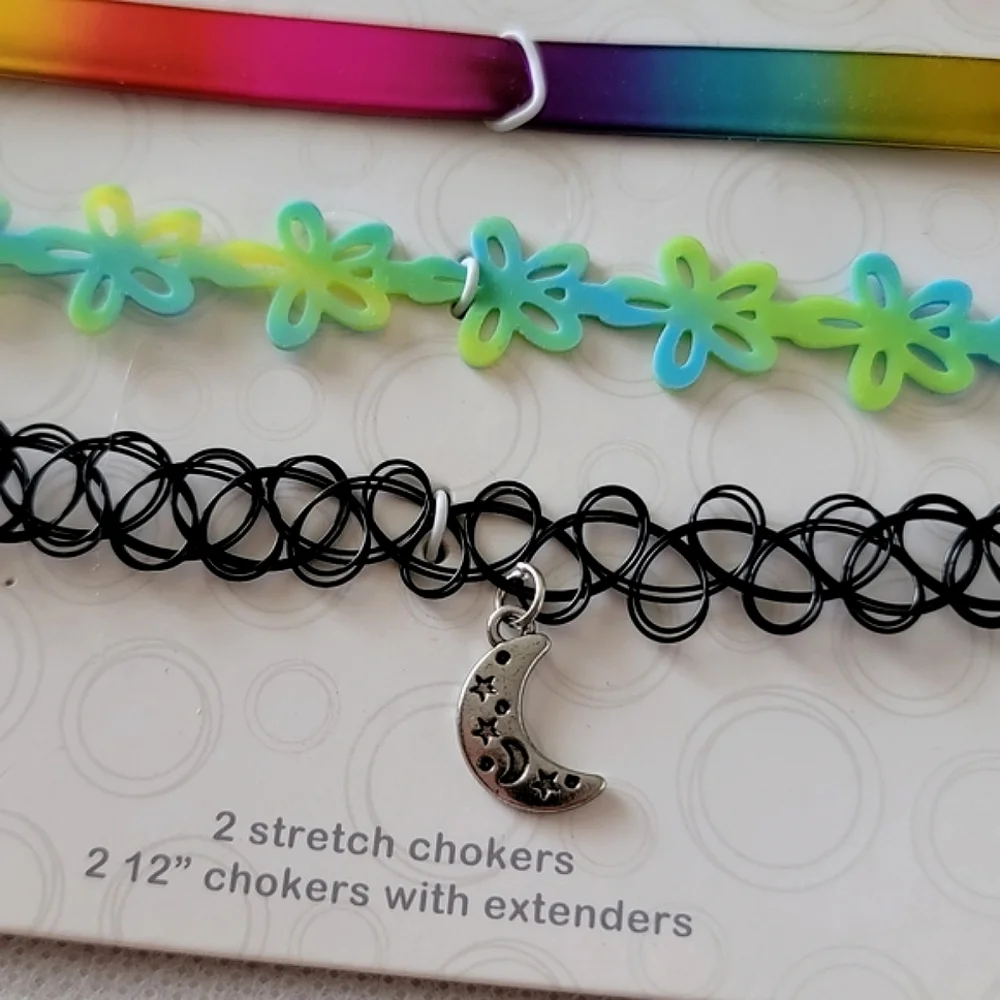 4 Pack Choker Necklace Set Rainbow Flower Crescent Moon